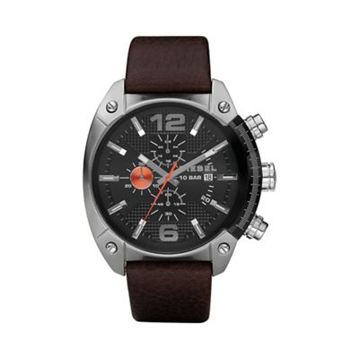 Men's 'Overflow' black dial & leather strap watch dz4204